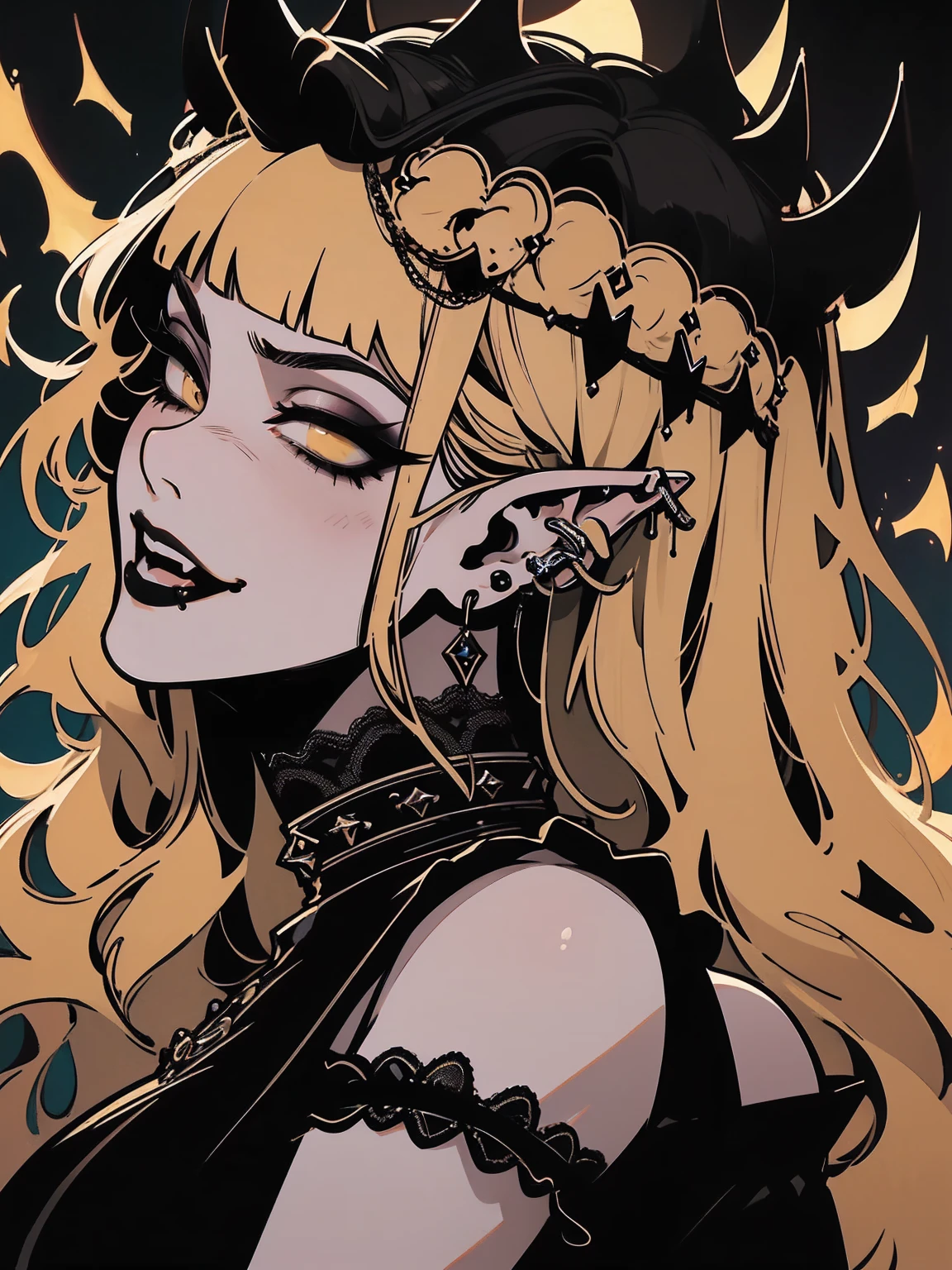 high détail, work of art, dramatic lighting(absurderes, high resolution, ultra detaild), extremely detailed 8k CG unit. mature face, adult Woman, Woman, mature Woman, elf, piercings, Short Wavy Black Hair and Bangs, (black hair), fangs, yellow eyes, modest black clothes, mad expression, whole body. backwards, looking back