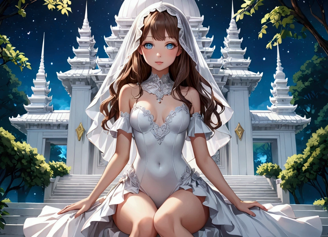 Young girl with delicate features, thin but cute face, light white skin with a slight blush, soft pink lips, glowing light blue eyes, long, slightly wavy brown hair with pink highlights, wearing a heroine outfit consisting of a white leotard with cute and delicate details in ruffles and lace and the sleeves cover the entire arm, on the hips in the back there are ruffles that imitate a white skirt and on the feet are white boots that go up to the knees and have crystal details, On her face she wears a mask that resembles a veil that only covers her mouth and is made up of crystals.. It's in front of a white temple, around you there is a beautiful forest, It's night and a little dark.
