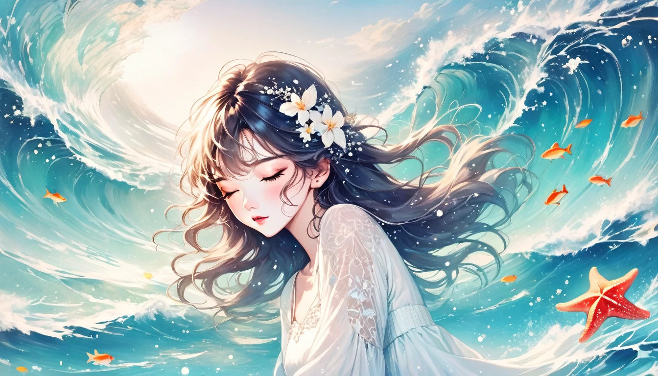 A girl wearing a white dress lay calmly in the blue sea with her eyes closed. The water was shimmering with blue waves. Her skin is sparkling white, with small fish, starfish, illustration art, Ophelia, Instagram style, young and beautiful Chinese female models, Kawaguchi skating rink style, ventilation, Mercury, natural light, data visualization design style, and beautiful details