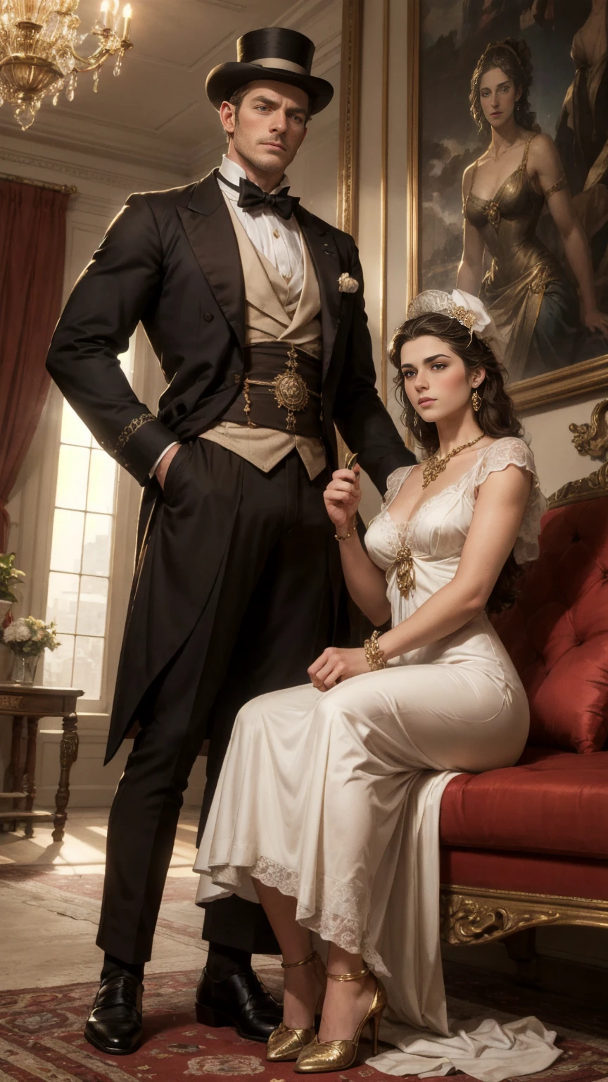 The image and related scenes of an aristocratic duke in the Victorian era. In terms of the main content, the Duke's temperament is elegant, elegant, his eyes are deep and wise, his facial lines are strong and exquisite, he wears gorgeous and exquisite aristocratic clothes, wears a high-top hat, and holds an exquisite walking stick. The environment is set in the luxurious living room of the magnificent Duke's Mansion, with gorgeous carpets, exquisite sculptures and precious works of art. The light outside the window is soft and warm, and there may be servants standing respectfully. Emotionally, the atmosphere creates a noble, elegant and solemn atmosphere, highlighting the majesty and power of the duke and the elegance of the times. In terms of light effect, natural light forms soft light and shadow, highlighting the gorgeousness of clothing and decorations, and forming a contrast of light and shade in the room to increase the sense of hierarchy. The color matching is mainly black, gold and red, and dark furniture and decorations, reflecting the luxury and solemnity of the aristocracy. The perspective and viewpoint are positive or slightly sideways, and the shooting from a slightly lower angle adds a sense of dignity. The composition layout is centered on the Duke, the furniture and decorations are reasonably arranged, and the lines are used to guide the audience's vision. The artistic style chooses classical realism, carefully depicting details, or emphasizing atmosphere and emotion with romantic elements. The camera setting uses a high-quality camera and a small aperture to ensure that the picture is clear. The image quality focuses on the exquisiteness of the duke's clothing and medals. It clearly presents the texture of decorations and works of art, and ensures that the rich color truly reflects the characteristics of the times.,Mature German, arm hair, ! Skinny and tall！（Chest hair：1.8） ！ High detail 8K)! ((Realistically)), ! 186 cm! 70 kilograms! Popular clips!