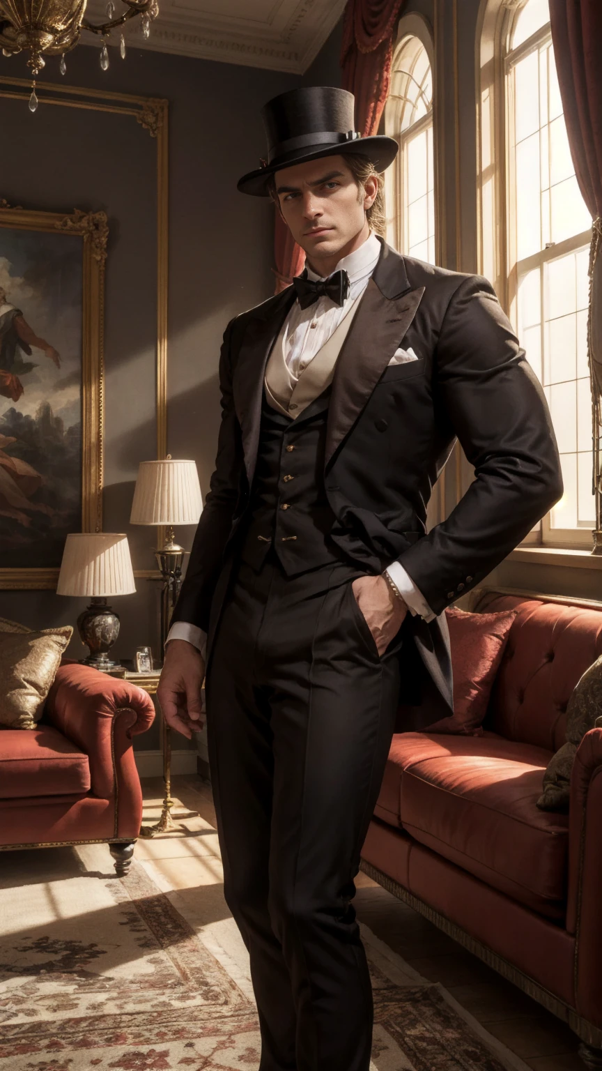 The image and related scenes of an aristocratic duke in the Victorian era. In terms of the main content, the Duke's temperament is elegant, elegant, his eyes are deep and wise, his facial lines are strong and exquisite, he wears gorgeous and exquisite aristocratic clothes, wears a high-top hat, and holds an exquisite walking stick. The environment is set in the luxurious living room of the magnificent Duke's Mansion, with gorgeous carpets, exquisite sculptures and precious works of art. The light outside the window is soft and warm, and there may be servants standing respectfully. Emotionally, the atmosphere creates a noble, elegant and solemn atmosphere, highlighting the majesty and power of the duke and the elegance of the times. In terms of light effect, natural light forms soft light and shadow, highlighting the gorgeousness of clothing and decorations, and forming a contrast of light and shade in the room to increase the sense of hierarchy. The color matching is mainly black, gold and red, and dark furniture and decorations, reflecting the luxury and solemnity of the aristocracy. The perspective and viewpoint are positive or slightly sideways, and the shooting from a slightly lower angle adds a sense of dignity. The composition layout is centered on the Duke, the furniture and decorations are reasonably arranged, and the lines are used to guide the audience's vision. The artistic style chooses classical realism, carefully depicting details, or emphasizing atmosphere and emotion with romantic elements. The camera setting uses a high-quality camera and a small aperture to ensure that the picture is clear. The image quality focuses on the exquisiteness of the duke's clothing and medals. It clearly presents the texture of decorations and works of art, and ensures that the rich color truly reflects the characteristics of the times.,Mature German, arm hair, ! Skinny and tall！（Chest hair：1.8） ！ High detail 8K)! ((Realistically)), ! 186 cm! 70 kilograms! Popular clips!