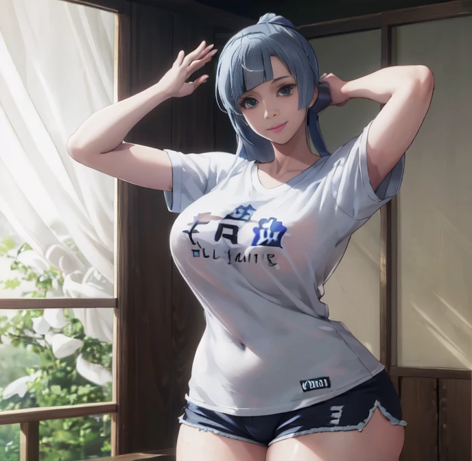 (extremely detailed CG unity 8k wallpaper),(masterpiece),(best quality),(ultra-detailed),(best illustration),(best shadow),(absurdres), Kasumi, 1girl, solo, blue hair, long hair, blue eyes, holding, bangs, blunt bangs, indoors, upper body, straight hair, white graphic tshirt, collarbone, Standing in bedroom , large breasts, Extremely wide hips, thick thighs, facing camera, looking at viewer, (wide hips), beautiful japanese garden background, dolfine shorts, dshorts, lips seperated, cleavege, athletic shorts, Extremely tight shorts,booth shorts, perfect face, kasumi miwa, miwa, handsome on head, arms up, sweating ,hot, ponytail,36 year old mature woman, medium breasts, lips seperated, beautiful lips, shiny lips, delicate lips, Extremely short shorts, overisezed shirt, shirt going down to hips, smiling, no pants