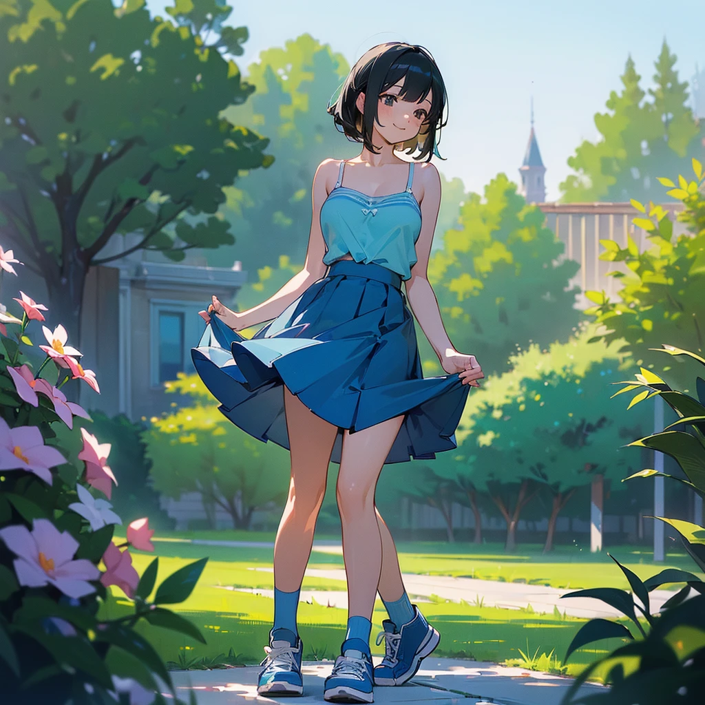 (high quality, High resolution, Very detailed, reality:1.37), Peaceful atmosphere, (Outdoor, garden),  girl standing alone, (my breasts are big.), Beautiful details, Cute Smile, (Black bob hair), camisole, Blue Skirt, Blue socks, sneakers.