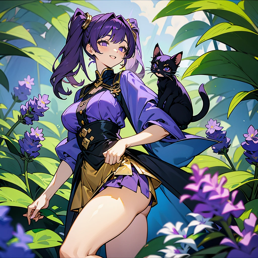 (Cowboy shot), A dark Purple-haired teen girl dressed in a gorgeous costume, ((Holding a small black kitten)), Surrounded by plants and flowers, happy laugh, BREAK, ((lavender eyes)), long straight twintails, gold hair ties, ((huge breasts)), small waist, chubby thighs, mini skirt
