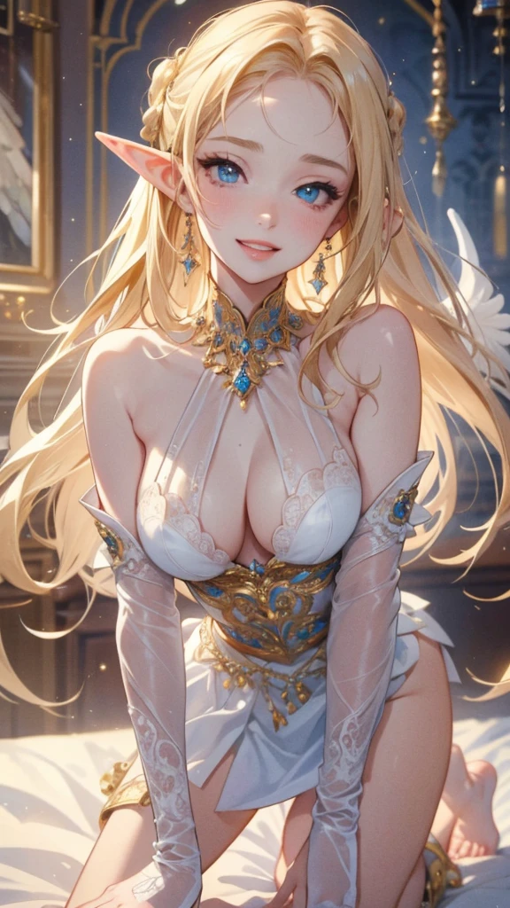 Artwork, Magnificent details, Super detailed, Highest Resolution, woman, blonde, (Beautiful Elf), Hair tied up, ((Angelic Face)), Sculptural body, Completely naked, uterine prolapse,((Perfect hands))), ((Expressions of Happiness)), (Grin), Embarrassed smile, A simple smile, scenario: On all fours on a dirty bed, No mistake, (((Magnificent details na face))), (((Super perfect eyes))), moderate