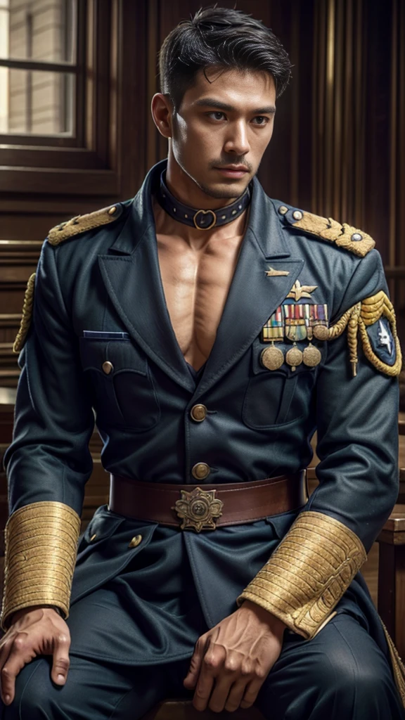 (Best quality at best,Photorealistic),(dark,feels) Young person, One guy,detailed black eyes, Thai guy good looking man in uniform standing in front of building, in full military garb, in a soldier uniform, Inspired by Zhang Sengyao, in a soldier uniform, Court Costume Akira, in a soldier uniform, Imperial team, in a soldier uniform, Wearing imperial equipment, Wearing a soldier's uniform, Inspired by Oka Yasuyu, Italian man wearing old samurai uniform,,。dark skin., ((Very relaxed and lazy look!)), ((Unintentionally exposing chest muscles))Handsome male, Handsome chad chin, Handsome and attractive, Handsome and elegant, Handsome man, Sexy masculine, masculine and Handsome, , Handsome, Attractive posing, attractive male, Attractive man,40-year-old man!Lift your little head,Kominan wearing an army coat(closeup portrait!))showing off his hairy pecs。(Show hairy chest muscles),),(Use a short beard collar),Wear a military uniform and wear one without buttons!Show hairy chest muscles),),(Use a short beard collar,)headspace!Charming and serious look,(Handsome man,sitting down,poorly dressed,Perfect body anatomy,Beautiful man face detail,perfect foot,perfect hand!Ultra-low angle shooting!!