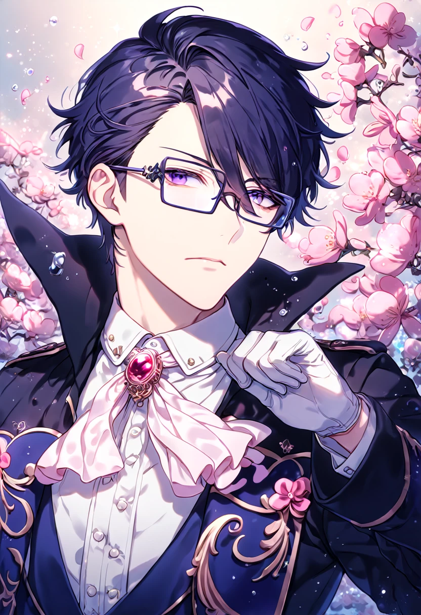 absurdres, highres, ultra detailed, HDR, master piece, best quality, Munakata Reisi, messy hair windswept, dark black blue tinted hair, long side bangs, expressive purple eyes, K Project, rectangular-shaped glasses, military uniform, a high collared long-sleeved dark blue trench coat, underneath his intricate coat, white shirt with an upturned collar, white fancy cravat, white gloves, solo, y man, handsome, fantasy, shining, water, pink flowers, pink blossoms, pink butlies, pink petals