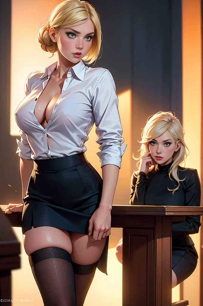 masutepiece, Beautuful Women, Elisha Cuthbert, (Fantasy Library Background), (Tight business shirt), (Very short skirt), (Stockings), Poaceae thorax), Perfect body, Blonde hair, Hair tied in a loose bun, Legs, (Skin Texture:1.1), Best Quality, 超A high resolution, (Photorealistic: 1.4), Raw photo, ellen von unwerth, nikon d850 film stock photograph, F1.6 lens, Rich colors, Realistic, cinestill 800, Backlight, Rim lighting, Studio Lighting, Erotic Photography