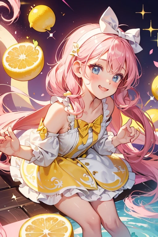 A yellow roll girl monkey with white and fuchsia swirls of cream, cut at an angle with a sideway smile with her tongue sticking out, and very faint blushed cheeks. Her bow is made from two pink lemon slices, a dollop of white cream, and two tiny leaves. SPARKLE; GLITTER