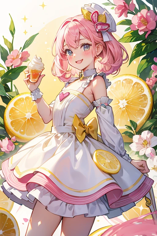 A yellow roll girl monkey with white and fuchsia swirls of cream, cut at an angle with a sideway smile with her tongue sticking out, and very faint blushed cheeks. Her bow is made from two pink lemon slices, a dollop of white cream, and two tiny leaves. SPARKLE; GLITTER