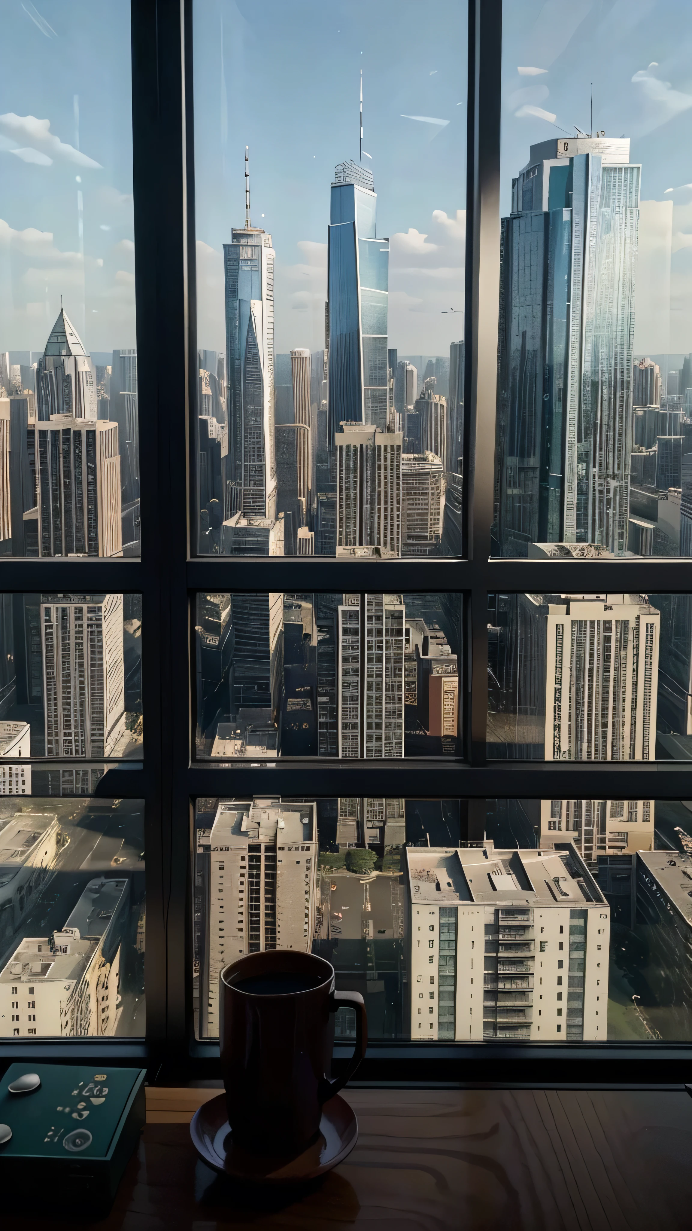 there is a outside city view in the picture, a lots of tall building and many highway view, and the picture are taken from the apartment that with the glasses wall view, inside the apartment there's a working table with a cup of hot tea, wide shot is taken, highly upvoted, very detailed, zoomed out, digitally enhanced, very stylized, portrait shot, very detailed background