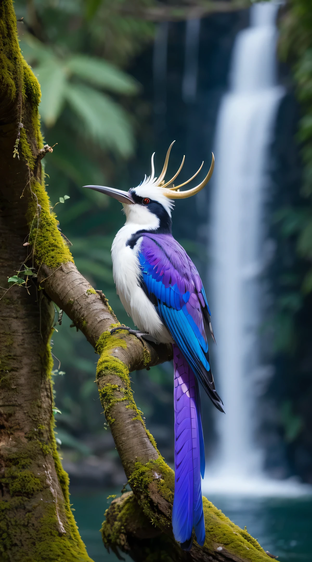 there is a little bird sitting on a branch with a tail, rare bird in the jungle, long tail, very beautiful and elegant, beautiful and elegant, long and elegant tail, captured in canon eos r 6, long tail with horns, beautiful and graceful, long tails, by Sudip Roy, mischievous look, sitting on a curly branch, high quality nature photography a bright purple white bird sitting on a branch, in the background a waterfall, a surrealistic bird with a long beak, with horns, with spots, birds, ultra-realistic, highly exotic crested spotted bird with black plumage adorned by vibrant multicolored spots, bright blue eyes, long beak, blue breast and distinctive head tuft,