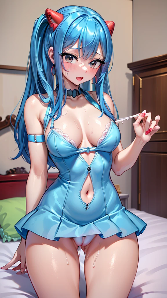 ((highest quallity, 8k, Artwork :1.3)), best quality, (((Wonderful Wendy))), , 4K, High definition, super resolution, Full HD, 1 girl, , standing alone, (((hair blue))), eyes browns, earrings, make up, jewelery(sharp focus :1.2, pretty woman with perfect figure :1.4, Slim abdomen :1.2), ((medium breasts, no)), (Photorealisitic:1.4), (realisitic:1.4), Highly detailed texture of face and skin, fine grain, Double eyelid. ((excessive sweat)), Rosto de make up, A little lipstick, sex appeal, pose sexy , pleasure face (Extremely excited) (((orgasming))), ((without panties showing off with one hand near her horny swollen pussy and with the other hand on her breasts。The bottom is on my bed in my room、cowgirl position com as pernas abertas com a mão nos seios Extremely excited acessório é uma tornozeleira dourada.。:1.3) 4K, High definition, super resolution, Full HD, ((juices and semen dripping from her pussy)), create an image true to the character, cowgirl position, satisfied pussy, ((fully body)), extremely thin waist