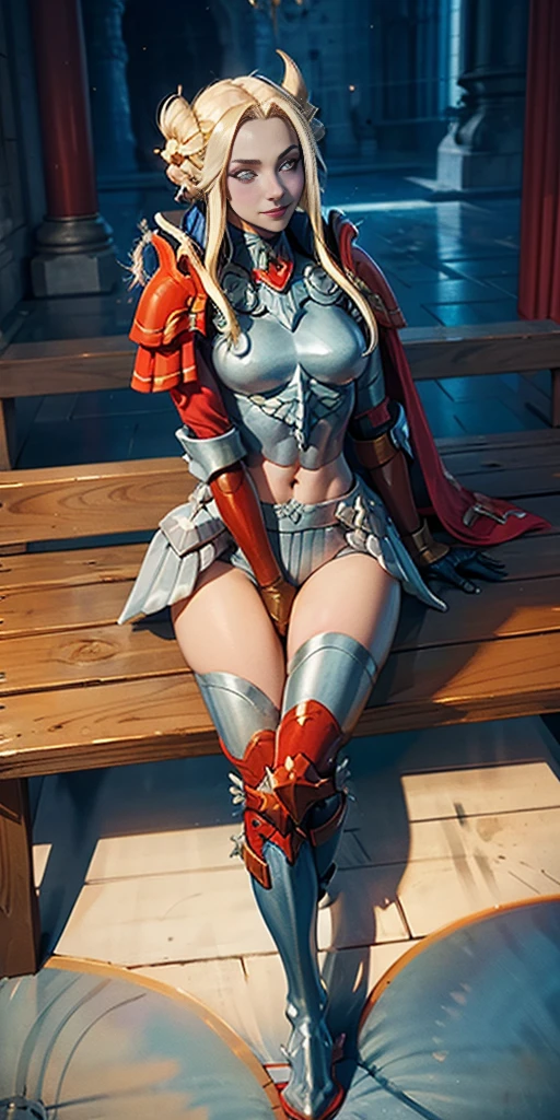 full body sitting on a bench showing ass to me, BLUE breastplate, BLUE skin (1girl)(BLUE skin:1.2), looking at viewer, shiny, armor, thigh highs, high boots, pauldrons shoulder armor, faulds, poleyn, gloves, gauntlets, rerebrace armored boots, (masterpiece, best quality, ultra-detailed, best shadow) yordle pointy ears muscular lean platinum blonde long twin-tails hairstyle at the office lustful smirking smile face red blushed, blush, strong abs, female body builder, tiara, twin drills hair