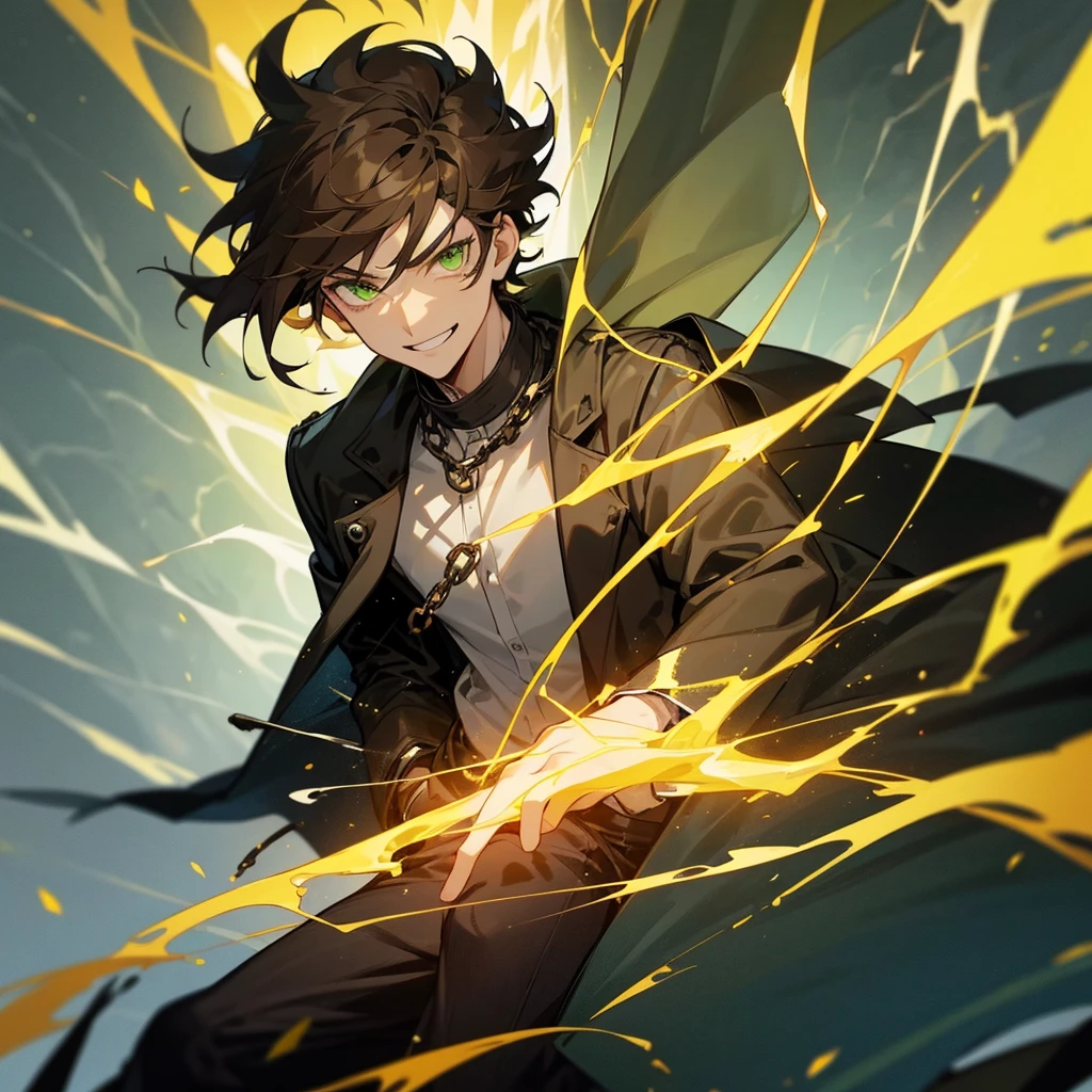 1 brown-haired man with fiery green eyes wearing a black coat and white shirt with black jeans with pockets and chains , de 1.80 tall with green lightning spells and chains in the background and around him as he smiles with a confident expression and shounen anime style hair  