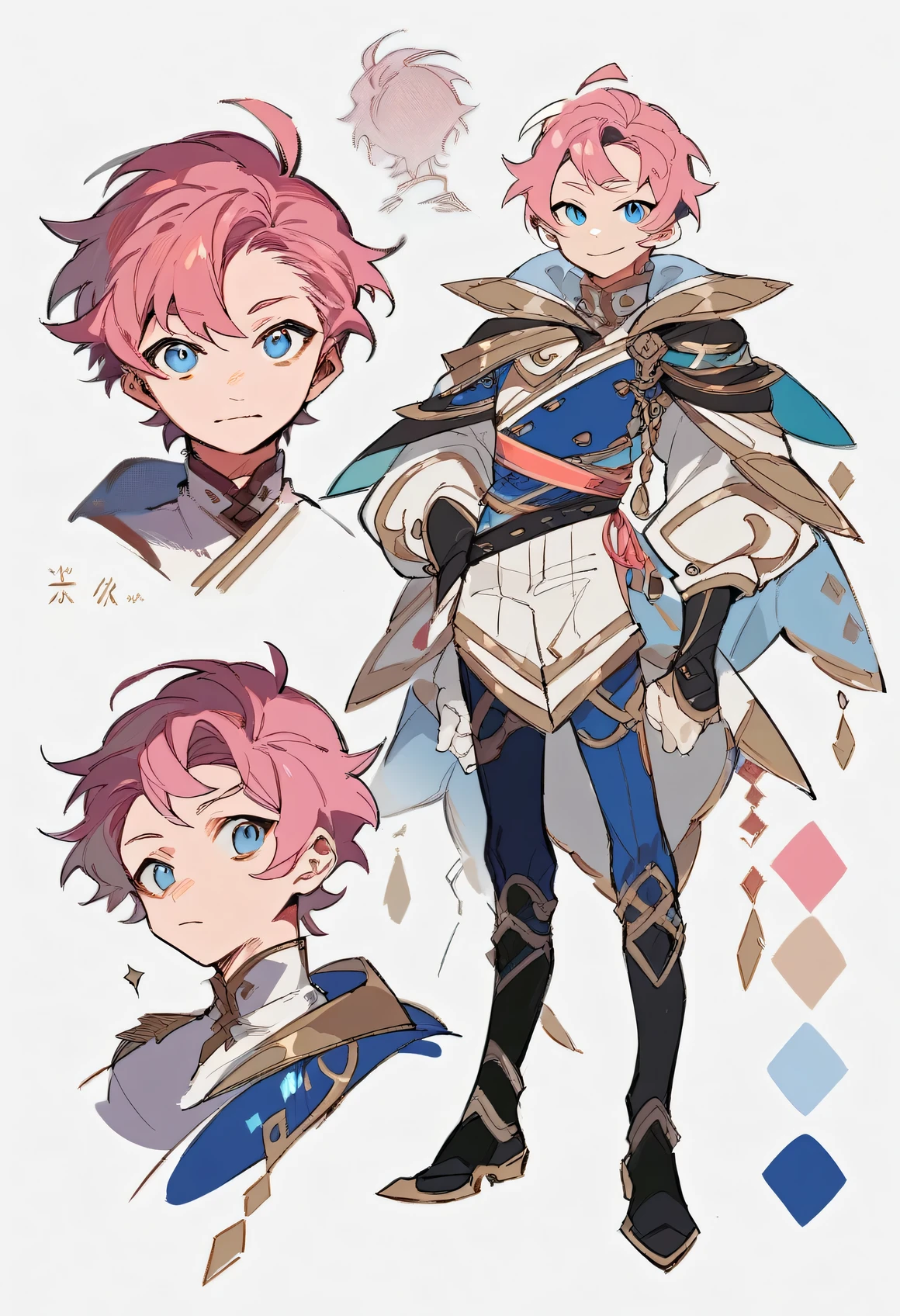 character design, characterconcept, charactersheet, different angles, young boy with pink hair and blue eyes with an anime idol style, multiple poses, clear detailed, fine details, sharp focus, white background