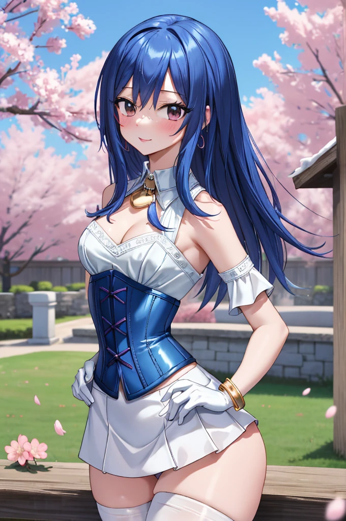 realisitic, foto realisitic, cowboy shot, work of art, absurderes, (colorfully), 1 girl, 17 years old, 1, 62 HIGH, 56 kilos, Wendy Marvell, forehead mark, hair blue, tight detailed white miniskirt half up, sexy navel showing, crotch, bracelet, blue mini blouse with sensual neckline connected to a sexy wide collar without bra, corset, shoulders exposed with long white gloves, looking ahead at viewer, Ruddy face, ssmile, Cherry blossoms, private garden, Tuuli, floating hair, Medium chest, slim and sexy waist, (((medium hips))), Corpo sexy, detailedeyes, dynamic pose, Full-body image, 4K, High Definition Full Hd, super resolution, generate extremely detailed image down to the smallest details, white pantyhose on without panties 
