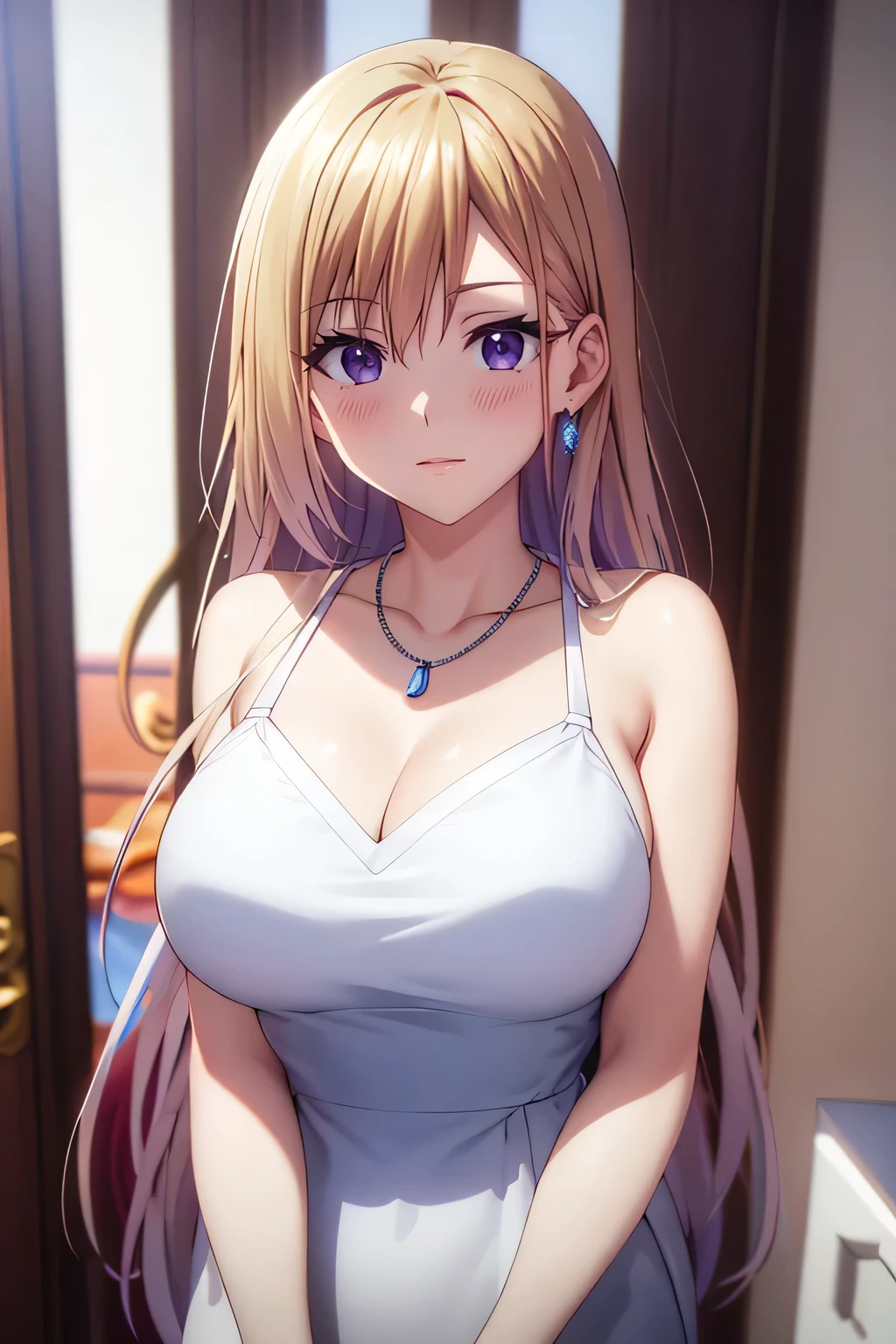 masterpiece, (Highest quality), 1 Female,One girl ,One boy,,Kawakami_May, Blonde, Long Hair, Let your hair down, Purple eyes, formal dress, White Dress, jewelry, necklace, Earrings, Large Breasts, Mole under the eye, Embarrassing,blush, formal , Vibrant colors ,,Natural light ,RTTX 10.0, , beautiful, (Detailed face:1.2), Showcase, (Perfect Eyes:1.1) ,(Realistic:1.1), 8K Ultra HD, View your viewers, Indoor Round