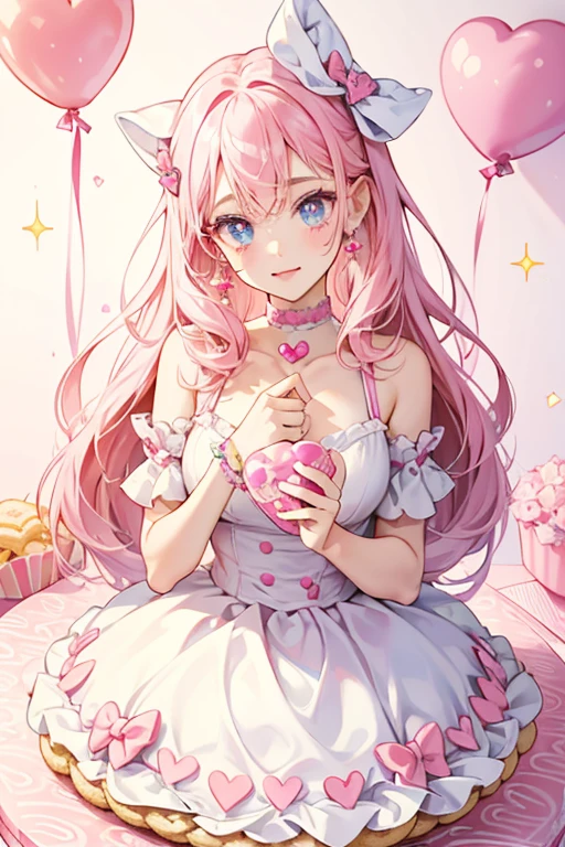 A chocolate layered girl bunny with pink cream in the middle and glittery pink cream piled high on top, adorned by a strawberry with stem. She has a squint-winking eye and wie opened mouth. She wears a cherry bow on her ears. SPARKLE; GLITTER