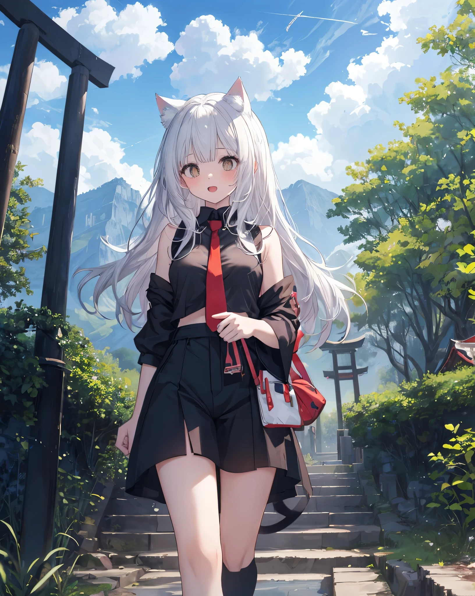 (Highest quality, Masterpiece: 1.2), (Solo), Anime coloring book, 4K quality, hdr, ultra vibrant colors, detailed
SUBJECT
(((1woman))), White hair, cat ears, cat tail, neko ears, neko tail, open mouth, little happy smile.she has 28 years old.
CLOTHES
Red Ribbon as necktie, bare shoulder, black transparent black shirt, white shorts, red ribbon on hair, white nike sneakers with black details.
A girl immersed in the world of anime High school description Noise, she blush.
Reflexes on eyes, vivid pupils.
((Golden eyes)) hyperdetailed, (golden eyes).
Medium breast.
ACTION
She is Climbing the steps of a red Torii, black torii course To reach a Japanese temple surrounded by nature.
She is walking in front of me, she has turned to hold out her hand as we go up the temple stairs
LOCATION
Mountain, forest, blue sky, clouds, cloudy sky, dewy road, sun, Climb,Steps, rock stairs, landscape, blue sky and white clouds, fantastic light, beautiful light, It rained and the puddles reflected the panorama, mysterious, Beautiful, clear nature, dream, heaven, cliff, aurora, mirage, moon, planet, meteorite, Airplane contrails. You can see the temple at the top of the mountain