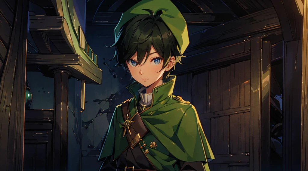 yuichiro hyakuya, (WithoutFear:1), 1 boy, black hair, green eyes, brown coat, gray armor, green shield, green cloak, dark brown gloves, town, white fur trim, tall, anime, standing, good quality, portrait, looking at viewer