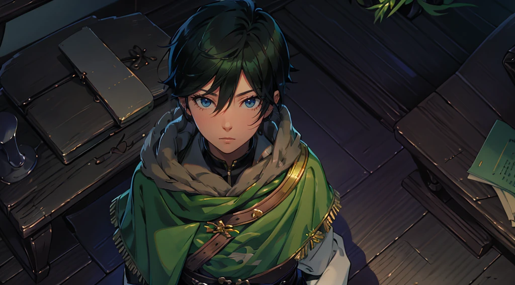 yuichiro hyakuya, (WithoutFear:1), 1 boy, black hair, green eyes, brown coat, gray armor, green shield, green cloak, dark brown gloves, town, white fur trim, tall, anime, standing, good quality, portrait, looking at viewer