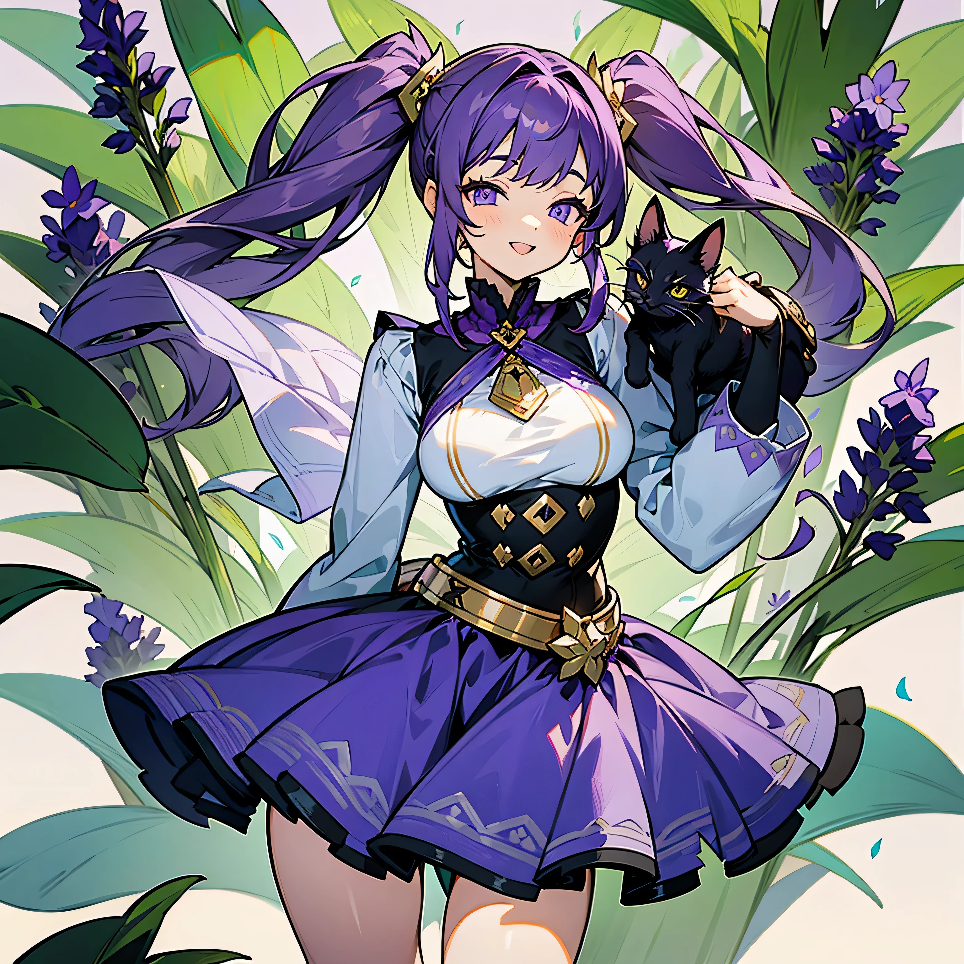 (Cowboy shot), A dark Purple-haired teen girl dressed in a gorgeous costume, ((Holding a small black kitten)), Surrounded by plants and flowers, happy laugh, BREAK, ((lavender eyes)), long straight twintails, gold hair ties, ((huge breasts)), small waist, chubby thighs, mini skirt 