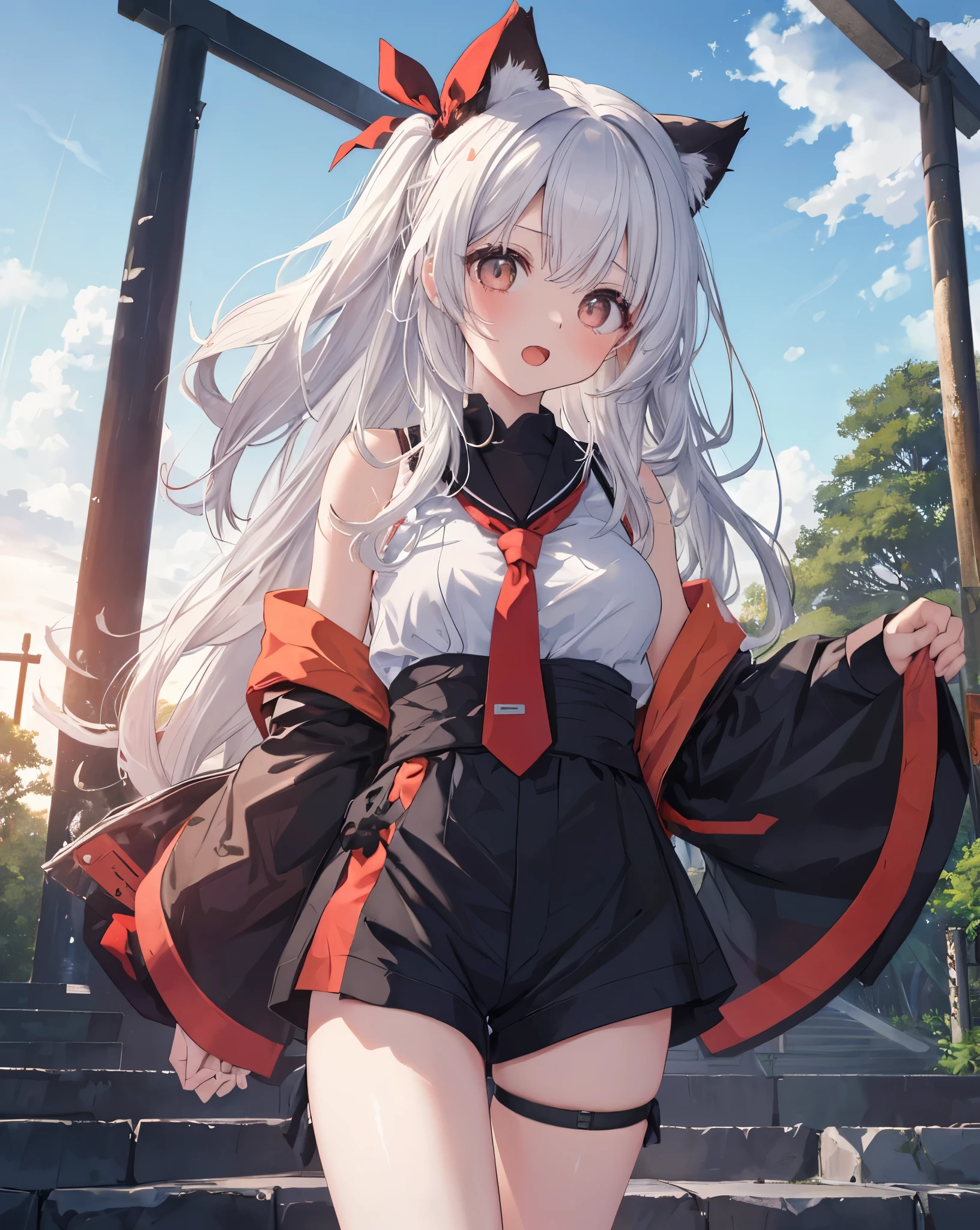 (Highest quality, Masterpiece: 1.2), (Solo), Anime coloring book, 4K quality, hdr, ultra vibrant colors, detailed 
SUBJECT
(((1woman))), White hair, cat ears, cat tail, neko ears, neko tail, open mouth, little happy smile.she has 28 years old.
CLOTHES
Red Ribbon as necktie, bare shoulder, black transparent black shirt, white shorts, red ribbon on hair, white nike sneakers with black details.
A girl immersed in the world of anime High school description Noise, she blush.
Reflexes on eyes, vivid pupils.
((Golden eyes)) hyperdetailed, (golden eyes).
Medium breast.
ACTION
She is Climbing the steps of a red Torii, black torii course To reach a Japanese temple surrounded by nature. 

She is walking in front of me, she has turned to hold out her hand as we go up the temple stairs
LOCATION 
Mountain, forest, blue sky, clouds, cloudy sky, dewy road, sun, Climb,Steps, rock stairs, landscape, blue sky and white clouds, fantastic light, beautiful light, It rained and the puddles reflected the panorama, mysterious, Beautiful, clear nature, dream, heaven, cliff, aurora, mirage, moon, planet, meteorite, Airplane contrails. You can see the temple at the top of the mountain
