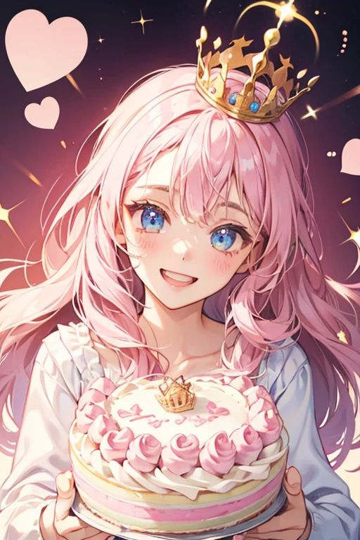 A pink striped cake girl bear Num with an excited expression and pale pink icing or cream on her head. She wears a silver crown that has an N in a heart at the middle. SPARKLE; GLITTER
