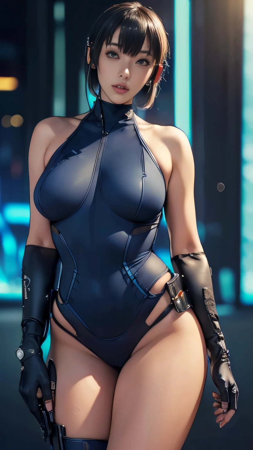 (A woman),(((A female member of the Future Force rides a motorcycle))),((Navy blue tactical high leg bodysuit:1.5)),((earphone:1.5)),((Tactical Holster:1.5)),(Gloves:1.5),(Serious:1.5),(Super short hair:1.5),(bionde:1.5),(beautiful eyes:1.3),(Very detailedな顔:1.5),((Very detailed drawing of a female hand:1.5)),((muscular:1.5)),(y appearance:1.5),((Thick thighs:1.5)),(Beautiful Body:1.5),((Very sensual:1.5)),(Background is hanger:1.5),(Cyberpunk atmosphere:1.5),(((Blurred Background:1.5))),(Written border depth:1.5),rest(((masterpiece:1.5),(best quality:1.5),(Very detailed:1.5),(high resolution:1.5),(Practical:1.5),(Practical:1.5),(Delicate depiction),(Carefully drawn))),8k,wallpaper
