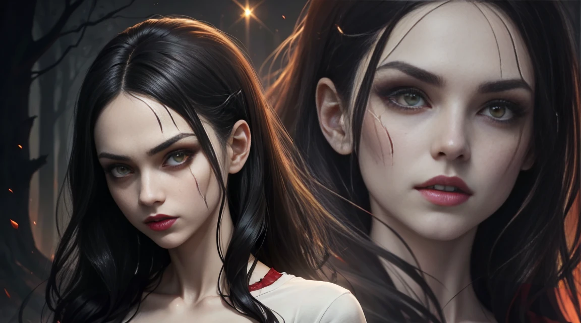 ultra quality, work of art, Maximum details, 8k, vampire woman, 1 girl, gaping mouth, sharped teeth, yellow cat eyes, flare eyes, blood in The face, pale skin, slim, Bblack hair, red highlights in hair, expressão facial frightfula, white social t-shirt, bloody t-shirt, black pants, dark, frightful, fund: macabre forest