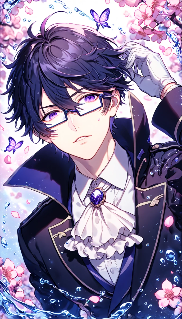 absurdres, highres, ultra detailed, HDR, master piece, best quality, Munakata Reisi, messy hair, hair windswept, dark black blue tinted hair, long side bangs, expressive purple eyes, K Project, rectangular-shaped glasses, military uniform, a high collared long-sleeved dark blue trench coat, underneath his intricate coat, white shirt with an upturned collar, white fancy cravat, white gloves, solo, sexy man, handsome, fantasy, shining, water, pink flowers, pink blossoms, pink butterflies, pink petals