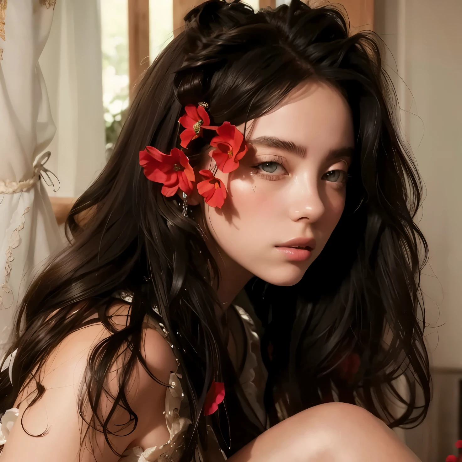Jennie Kim with curly hair and red flowers in her hair