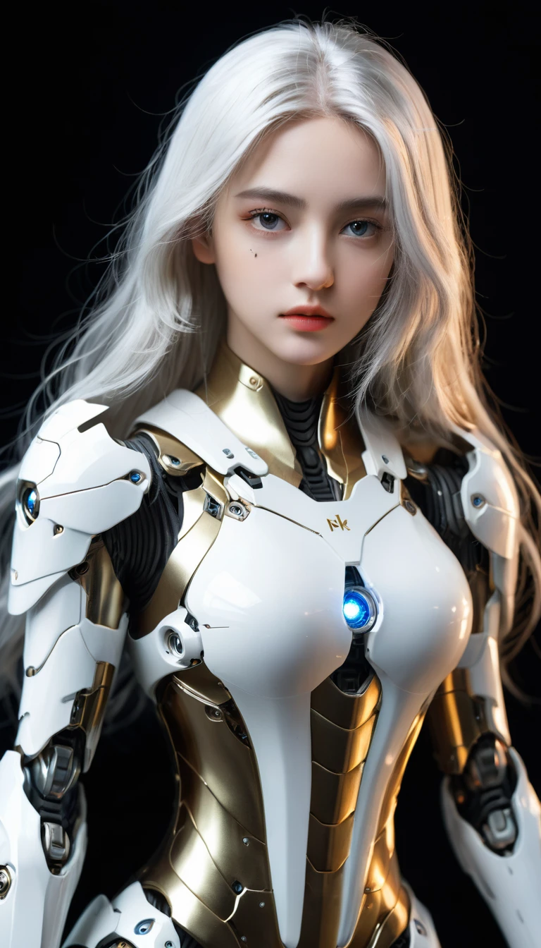 ((girl, Mecha)), Glowing eyes, Delicate face, Damaged Armor, Mechanical aura, Mechanical arm, Show your shoulders,White hair, Long hair, Ceramic body, Thigh gap, Small Breasts, (translucent, Reflective Skin), 8K, best quality, Extremely detailed, (Surrealism: 1.4), Gradient background,black background