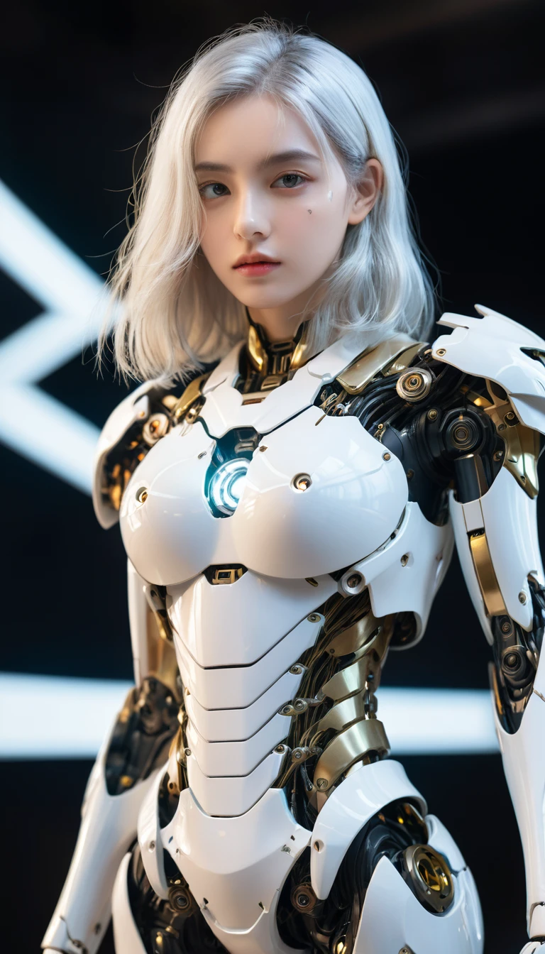 ((girl, Mecha)), Glowing eyes, Delicate face, Damaged Armor, Mechanical aura, Mechanical arm, Show your shoulders,White hair, Long hair, Ceramic body, Thigh gap, Small Breasts, (translucent, Reflective Skin), 8K, best quality, Extremely detailed, (Surrealism: 1.4), Gradient background,black background