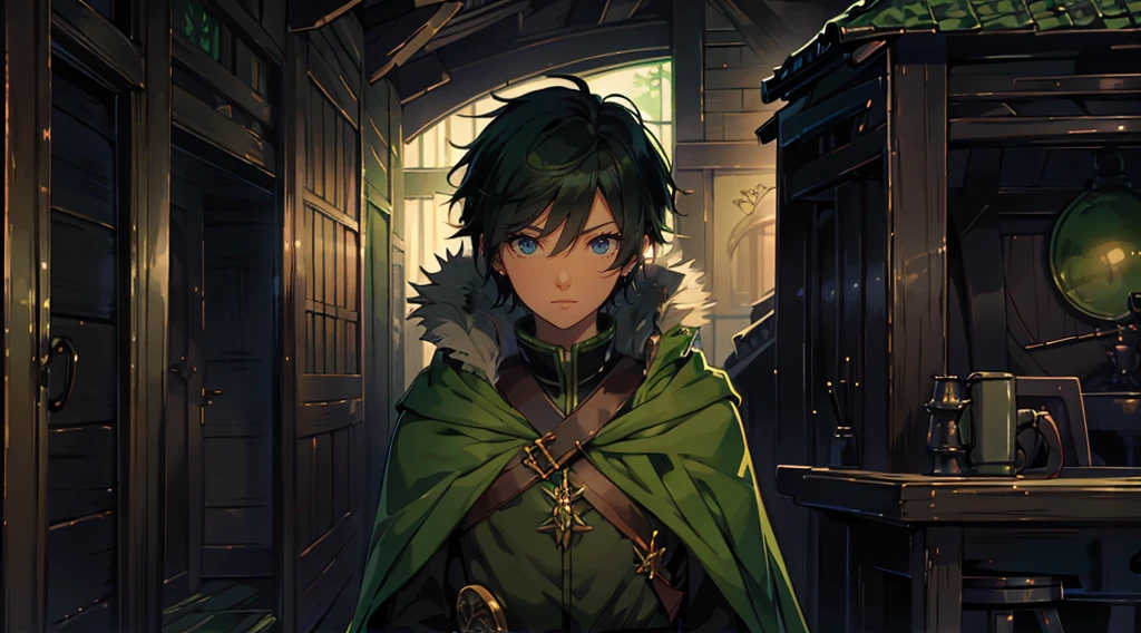 yuichiro hyakuya, (WithoutFear:1), 1 boy, black hair, green eyes, brown coat, gray armor, green shield, green cloak, dark brown gloves, town, white fur trim, tall, anime, standing, good quality, portrait, looking at viewer