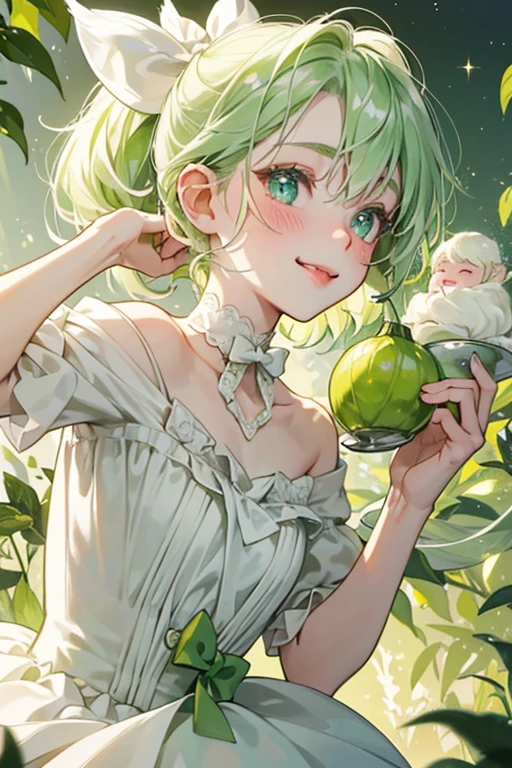 A pale green roll girl monkey filled with white and chartreuse swirls of cream, cut at an angle. She has a sideways smile with her tongue sticking out. Her bow is made from two lime slices, a dollop of white cream, and two tiny leaves. She has very faint blushed cheeks. SPARKLE; GLITTER