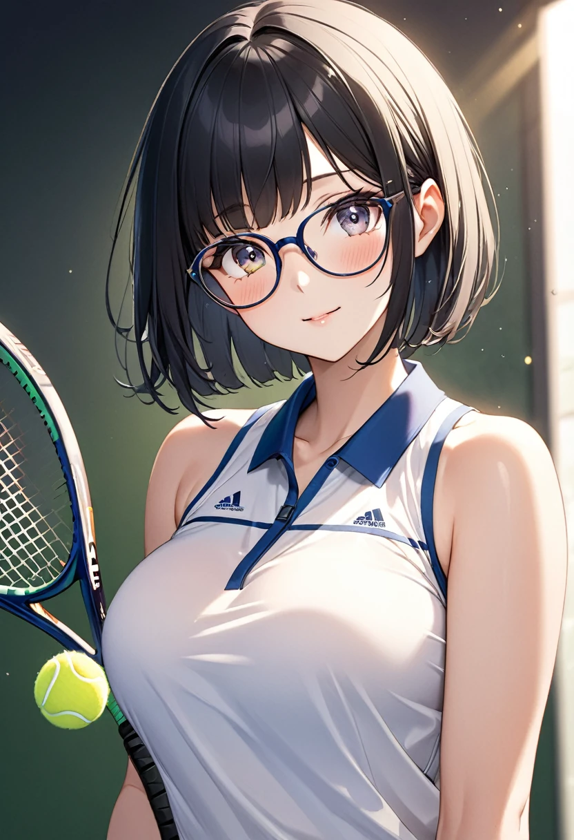 (Beautiful 18 year old Japanese woman), Cute Face, Tennis Wear, Glasses,(Deeply chiseled face:0.7), (freckles:0.6), Soft Light,Healthy white skin, Black Hair,Bobcut,, (Sparkling eyes), thin,Very large breasts,,