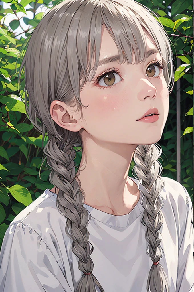 Highest quality, masterpiece,Gray Hair, Golden Eyes,White clothes, look up, Upper Body,hair,Fair skin,Side braid