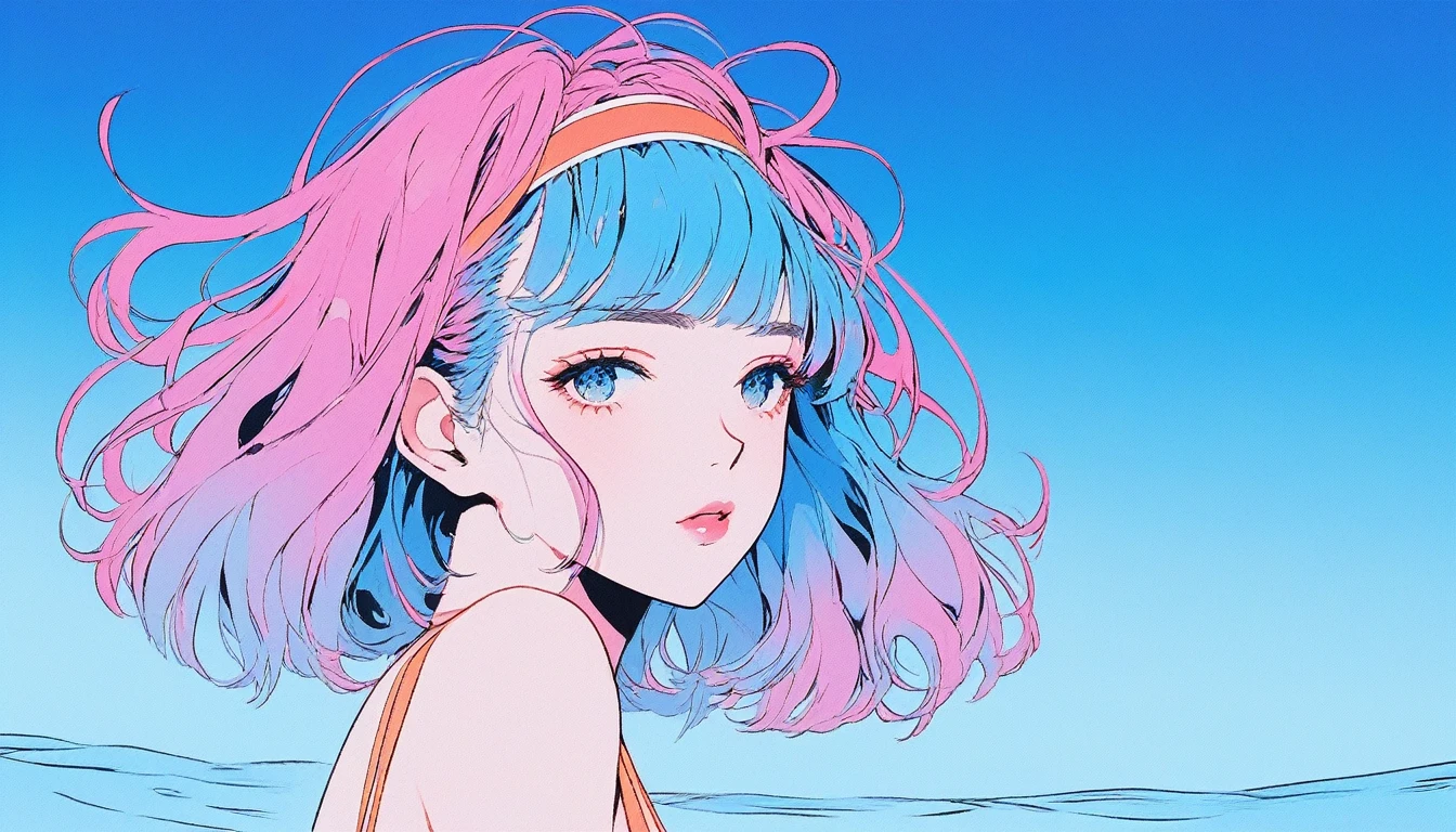 Illustrator, anime , Realistic ,sketch , 1 Girl, ,lip, Swimwear，order, Blue gradient background, Neon Hair,Textured Trim, Canadian, (masterpiece,Highest quality) Cancer、