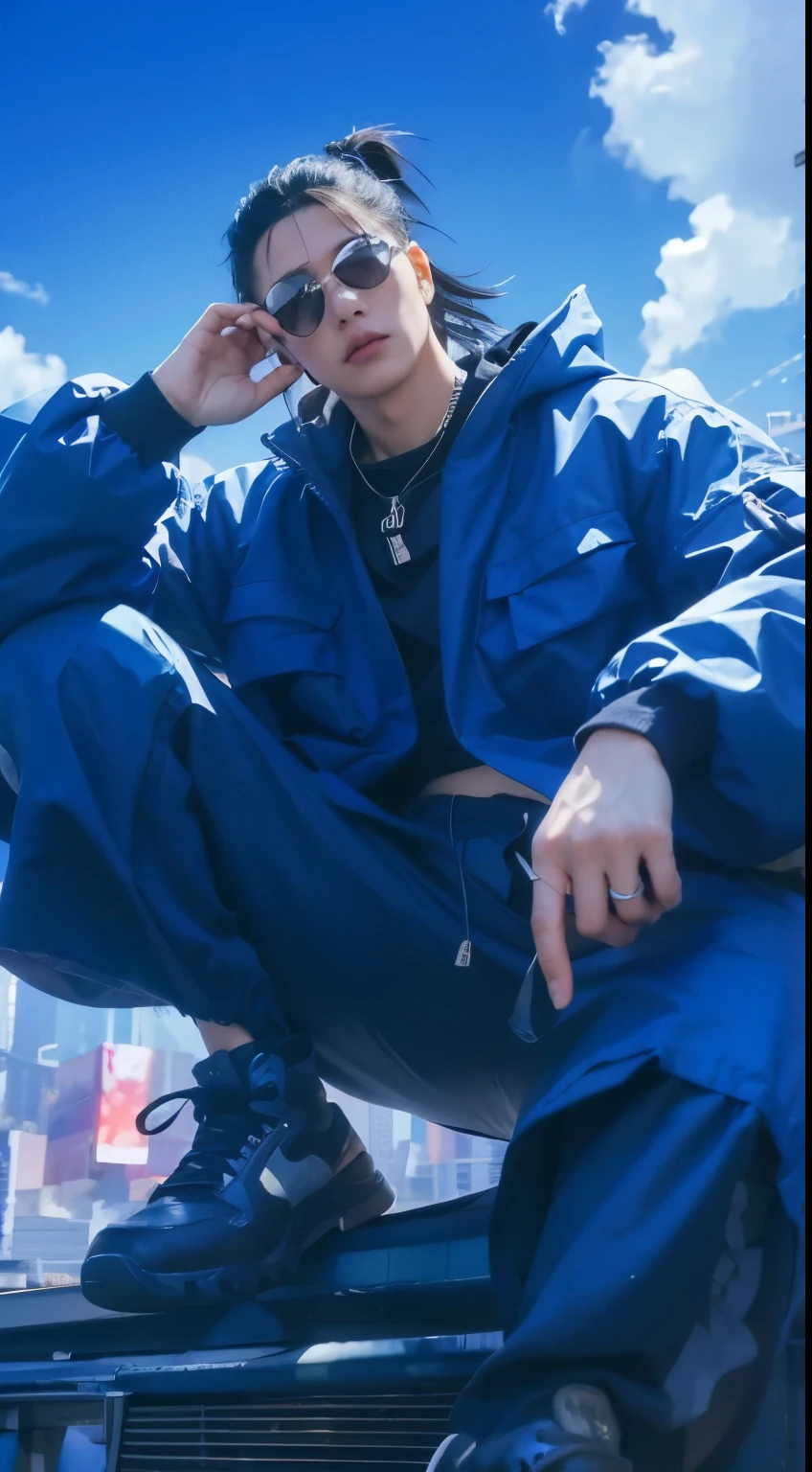 Geto, jujutsu kaisen, black hair, brown eyes, black glasses eyes, black clothes, sneaker shoes, modern city background, cyberpunk light effect, detailed eyes, detailed hand, detailed face, detailed hair, detailed lips, ultra realistic, ultra detailed, best quality, masterpiece.