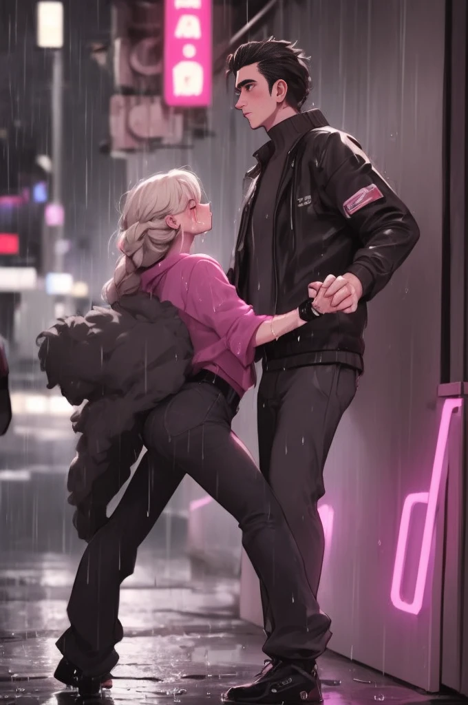 (Masterpiece, Best Quality, high resolution, 32k drive wallpaper, Extremely detailed CG:1), (weak illustration on stage:1.0), ((1 young handsome cyberpunk:1.5 dancing in the rain:1.7 )),(( cyberpunk night city:1.4)), neon signs futuristic cars,dark place rain, ((wet clothes magenta neon lights perfectly illuminating the young man:1.45) . 32k