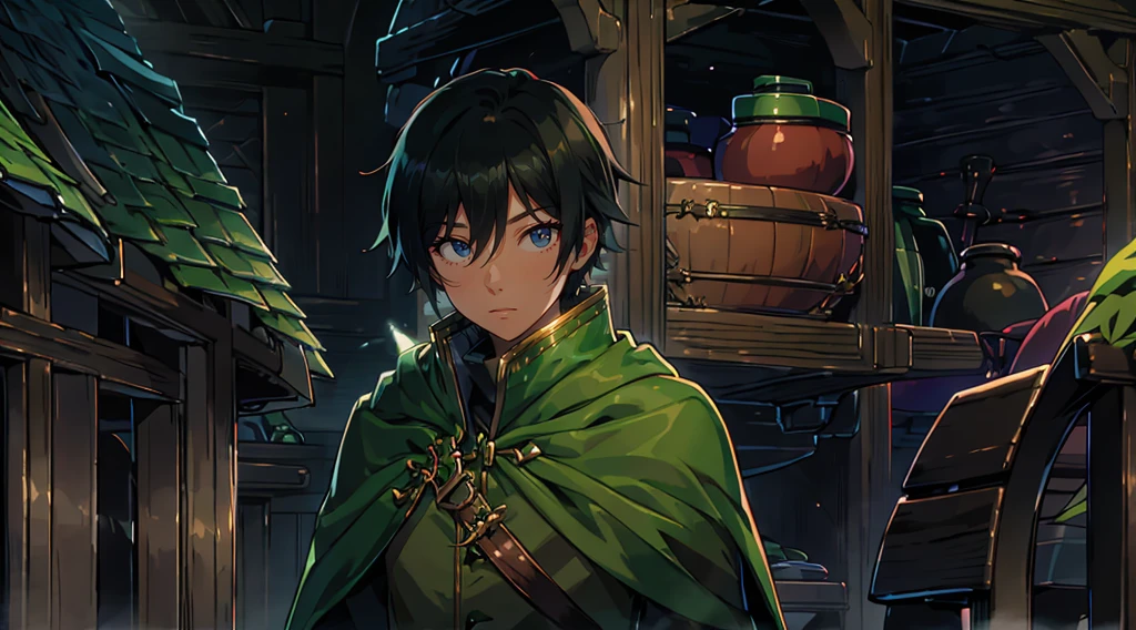 yuichiro hyakuya, (WithoutFear:1), 1 boy, black hair, green eyes, brown coat, gray armor, green shield, green cloak, dark brown gloves, town, white fur trim, tall, anime, standing, good quality, portrait, looking at viewer