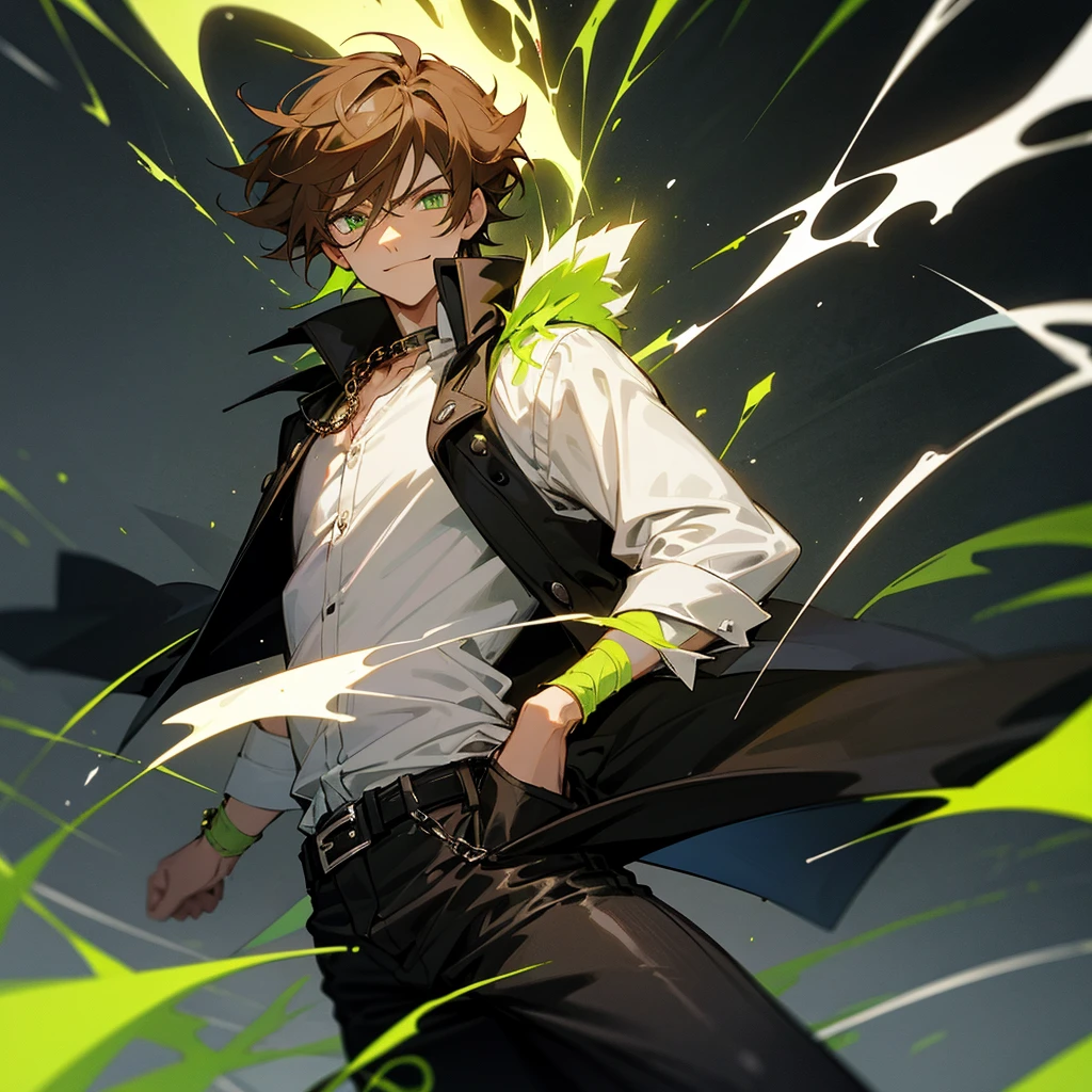 1 brown-haired man with flaming lime green eyes wearing a black coat and white shirt with black jeans with pockets and chains , de 1.80 tall with Lime Green lightning spells and chains in the background and around him as he smiles with a confident expression and with Meliodas style hair with a face holding a katana on the ground