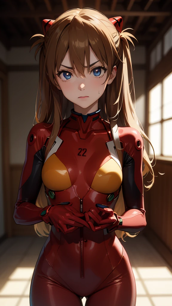 asukalangley, asuka langley soryu, (souryuu asuka langley:1.2), long hair, bangs, blue eyes, brown hair, hair ornament,
BREAK bodysuit, pilot suit, plugsuit, (red bodysuit:1.5), interface headset,
indoor,(((shadow)))
BREAK looking at viewer, (cowboy shot:1.5),,sweating,angry
BREAK (masterpiece:1.2), best quality, high resolution, unity 8k wallpaper, (illustration:0.8), (beautiful detailed eyes:1.6), extremely detailed face, perfect lighting, extremely detailed CG, (perfect hands, perfect anatomy),