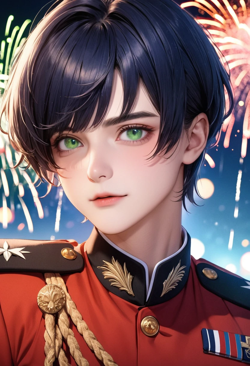 1 male Short dark blue hair and eyebrows Bangs parted on the left side of the screen Deep green eyes Red military uniform firework