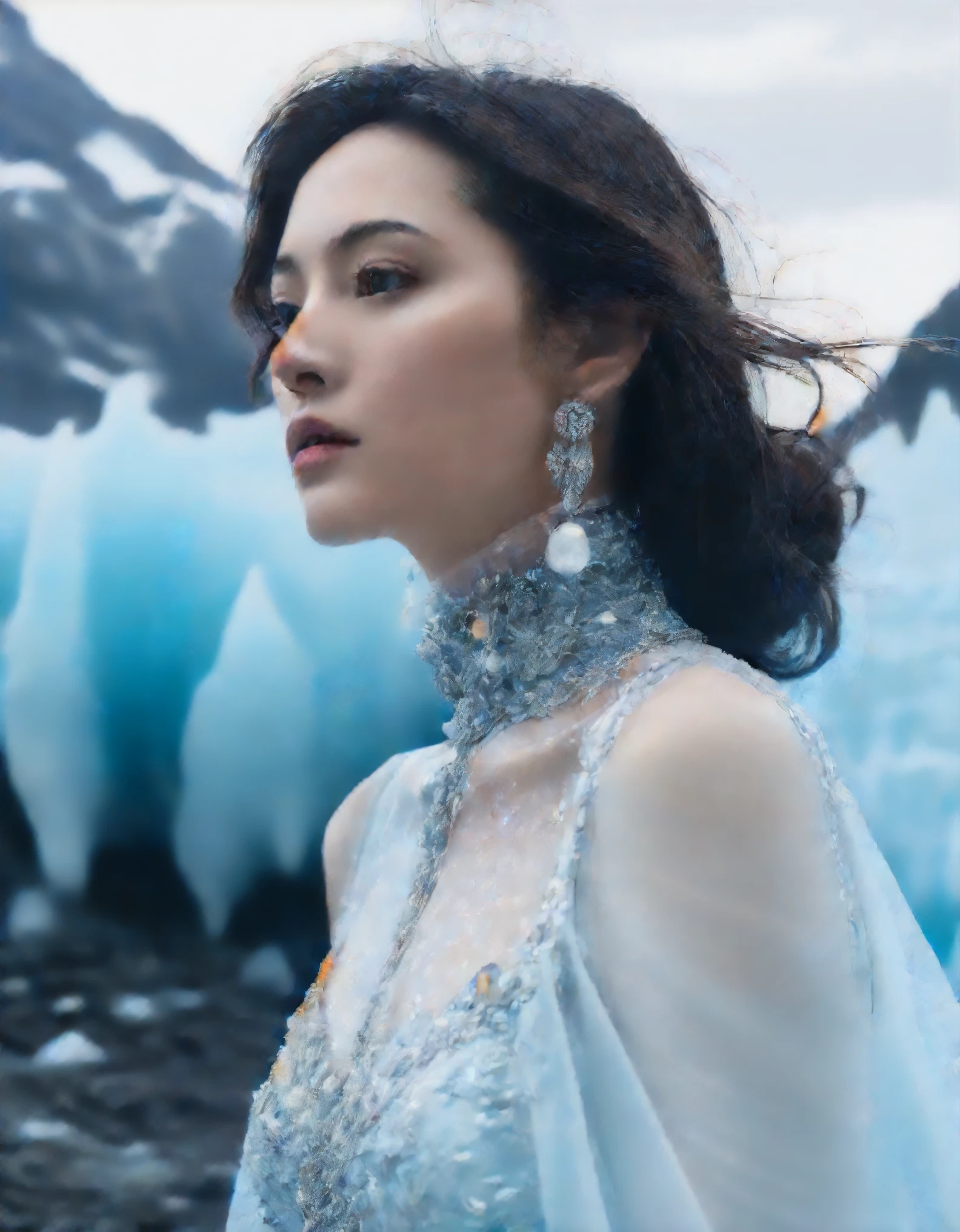 photo of a gorgeous young woman in a Glamorous outfit, beautiful face Japanese girls, still from the film, ((solo)), (Marion Cotillard look alike face: 0.7), cybernetic style in the heart of the glacier, a lone figure emerges from the mist shrouded veil of ice. the 35 year old deadhead stands frozen in a perpetual state of unease, her eyes wide with terror as she gazes upon the unforgiving landscape before her. her once vibrant tie dye shirt is now dulled by the cold, icy air, and her bell bottom jeans are streaked with frost. the wind whispers an otherworldly melody through the glacier's crevices, echoing the haunting rhythms that only the deadheads could understand. amidst this desolate expanse, she appears as a spectral apparition, her very presence seeming to defy the harsh beauty of the frozen wilderness. the air is heavy with foreboding, and it seems that the glacier itself is watching her, its ancient power stirring in response to her fragile mortal form. . futuristic, technological, cybernetic enhancements, robotics, artificial intelligence themes, Leica SL3, Summicron-SL 75 f/2 ASPH, kodak gold 200 film, dynamic action pose,