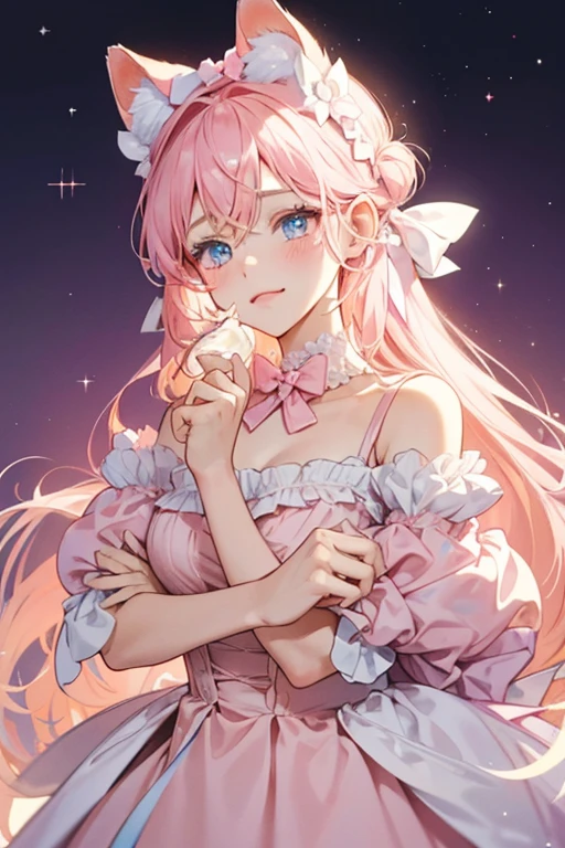 A soft pink croissant girl cat making a squinting expression with white cream all over her head. She wears a dark pink bow on her right ear and a light blue bow on her left ear. SPARKLE; GLITTER