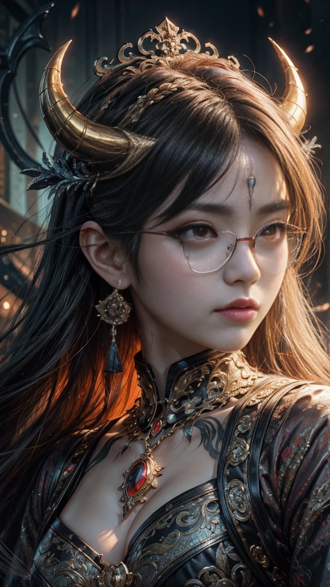 Are you okay、(Best illustrations)、8K UHD resolution、Intricate details、最high quality、Realistic、Ultra-detailed、Best lighting、Best Shadow、Soft lighting、ultrahd、1 beautiful demon woman from hell, Surreal Female Portraits by David Hockney and Alphonse Mucha, Fantasy art, Chinese Doll、Dungeons&Dragon、Devil's Palace、Devil's Torture Chamber、magic、 Necromancer、night、Dark Style、Succubus、Devil's Daughter、Bat Wings,(((Devil horns)))、 ((((Huge glasses, Nerd Glasses, Thick glasses, Round Glasses)))),、(((Huge boobs)))、(Devil's Tail)、(Red eyes glow:1.6)、 複雑なTattoo, demonic 複雑なTattoo, 太もものTattoo, ボディTattoo, masterpiece、Beautiful Face、Baby Face、Muscular and attractive body、The devil's seductive body、Fascinating Black Magic Costume、A shiny red snake coils around her hand、ティンダルeffect、Photo Real、(High Definition Skins:1.2)、 (Intricate details, compensate, Pure Eros Face_v1:0.5), (Beautiful and delicate face down to the last detail, Beautiful and delicate eyes, Perfectly balanced face, Skin with attention to detail, Detailed skin, The optimal ratio is four fingers to one thumb, Arms under chest, お腹の下に赤く光るTattoo、Wow wow, Wide Hips, Smooth abdomen, Skinny and skinny, __fashion__, __hair__:1.25)、Digital SLR、high quality、picture、High resolution、 Absurd、Ponytail Distortion、1 girl、赤い輝くgemのネックレス、gem、Beautiful expression、Body Up、big breasts attention、Tight waist、Wide ass、Devil's Tail、複雑なTattoo, demonic 複雑なTattoo, 太もものTattoo, ボディTattoo, effect、Photorealistic、(High Definition Skins:1.2)、In the Dark, Low Key, Cowboy Lens, (Black Phoenix Dress: 1.0), Fascinating Black Magic Costume、Long hair, Black hair, bust, Devil's Palace, Devil's Crown, The red eye makeup is very sharp and detailed, 最もBeautiful Face, Super tight chest, Breast Augmentation Surgery, Her breasts are very big and round, black magic costume、Ultra-realistic , cute笑顔,Baby Face、 The eyes are nicely made up, ((Red Eye:1.0)), Gwaiz, demons style,Muscular and attractive body、 Wearing black mesh socks, Ponytail with a bow tied at the back of the hair, Beautiful plump red lips, Dressed in a light red and black robe, Hands pulling the straps to expose sexy breasts, A shiny red snake coils around her hand、The view is cloudy with thunder., Beautiful female devil portrait, Close-up of the main character, (Detailed spooky background:0.8), Hmph, Hmph, 8K quality, Detailed Pixels, Meet beautiful girls, Look at the girl's body,Emphasize large breasts、赤く光るTattoo、Tattoo, 複雑なTattoo, demonic 複雑なTattoo, 太もものTattoo, ボディTattoo,Devil's Tail、Body Up、A red snake coiled around her hand、Beautiful female devil portrait, Portrait of a Superhuman Woman by David Hockney and Alphonse Mucha, Fantasy art, Chinese Doll、Close-up of the main character, (Detailed spooky background:0.8),cute、Realistic、