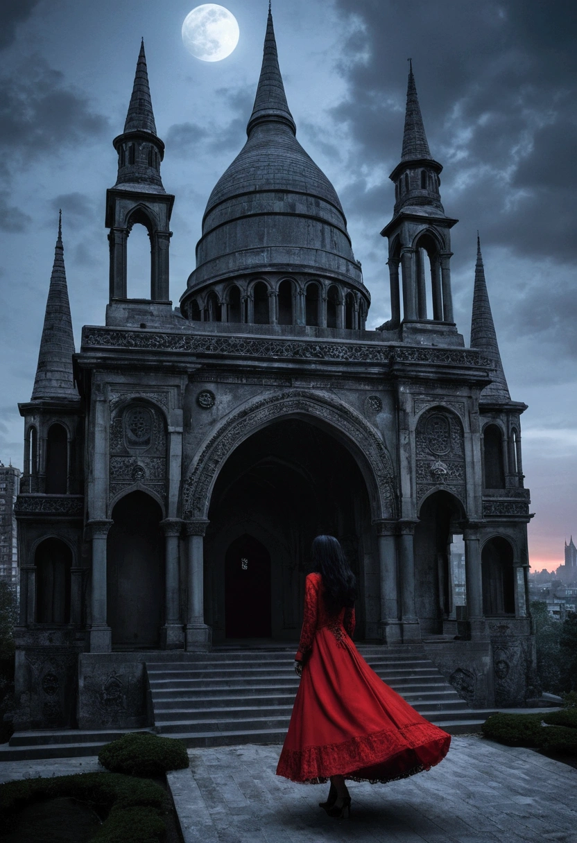 Gothic city of the vampire, (red, lack and silver color scheme), Red full moon), Necro, Face that is, It's a testament to its haunting beauty and creepiness, A testament to civilization's deep reverence for death and the afterlife. Its architecture incorporates a dark aesthetic, intricate designs, And the mystery of the afterlife. Below is a visual description: Cityscape: As you approach the Gothic Vampire Necropolis City, You will be greeted by a sprawling metropolis shrouded in eternal twilight. Dark ash clouds loom overhead, Face that is, It casts an ethereal glow on the pale and translucent buildings of the city. Cityscape in a desolate landscape, Towering spires, Ornate arches, Complex bridges spanning gaps between buildings. architecture: The building itself, It is a mixture of Gothic, vampire and necromancy styles. turrets, minaret, Buttresses adorn the structure, Reach for the sky like a skeleton's fingers. These structures are mainly made of darkness, emissive material，It seems to absorb and emit a dim glow, otherworldly glow. The architecture combines grandeur and melancholy, It reflects the duality of the relationship between the dead and the dead. Mausoleum-style mansion: The dwellings of the city resemble mausoleums, Sculpture depicting an arched entrance and death scene, Leutentic, And cosmic energy. Balconies and terraces are decorated with stone carvings，It seems to come to life in the ever-changing twilight, Cast eerie shadows on the street below.（length hair）、（Red Dress Mini Skirt Type）、（Silhouette of a woman with long legs）